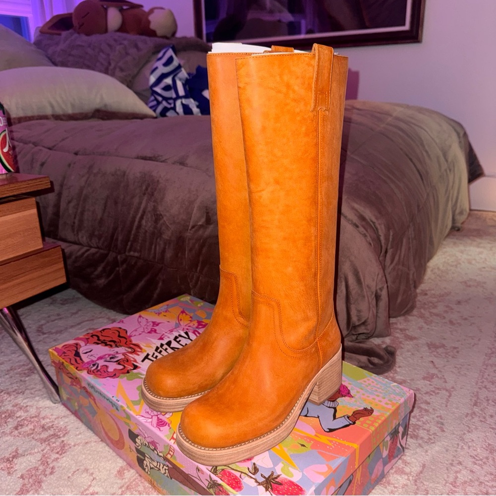 JEFFREY CAMPBELL Reflect-Hi Frye Campus Camel Brown Knee-High Leather Boots 8 - Picture 4 of 13